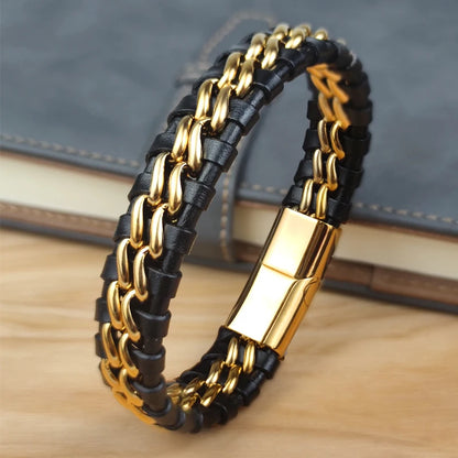 Leather Bracelet -Magnetic Stainless Steel Clasp in Plated Gold