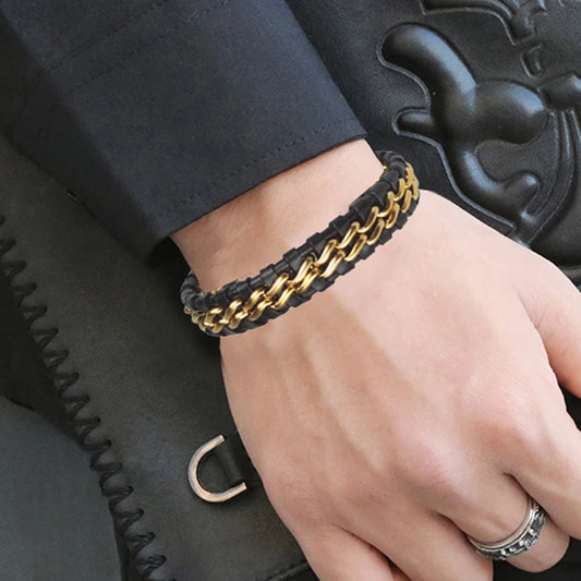 Leather Bracelet -Magnetic Stainless Steel Clasp in Plated Gold