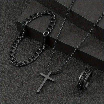 Men's 3-Piece Stainless Steel Jewelry Set – Cross Pendant Necklace, Bracelet, and Ring