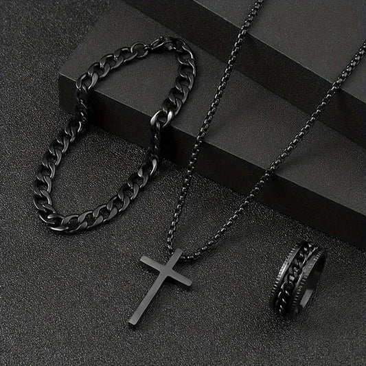 Men's 3-Piece Stainless Steel Jewelry Set – Cross Pendant Necklace, Bracelet, and Ring